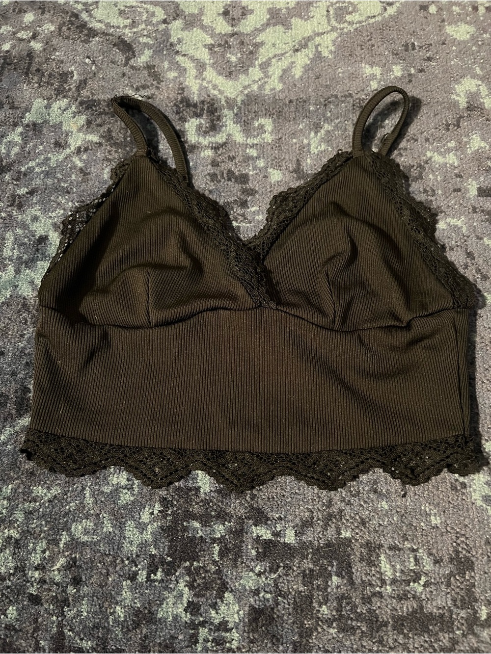 SHEIN Black Ribbed Lace-Trim Bralette Tank Top